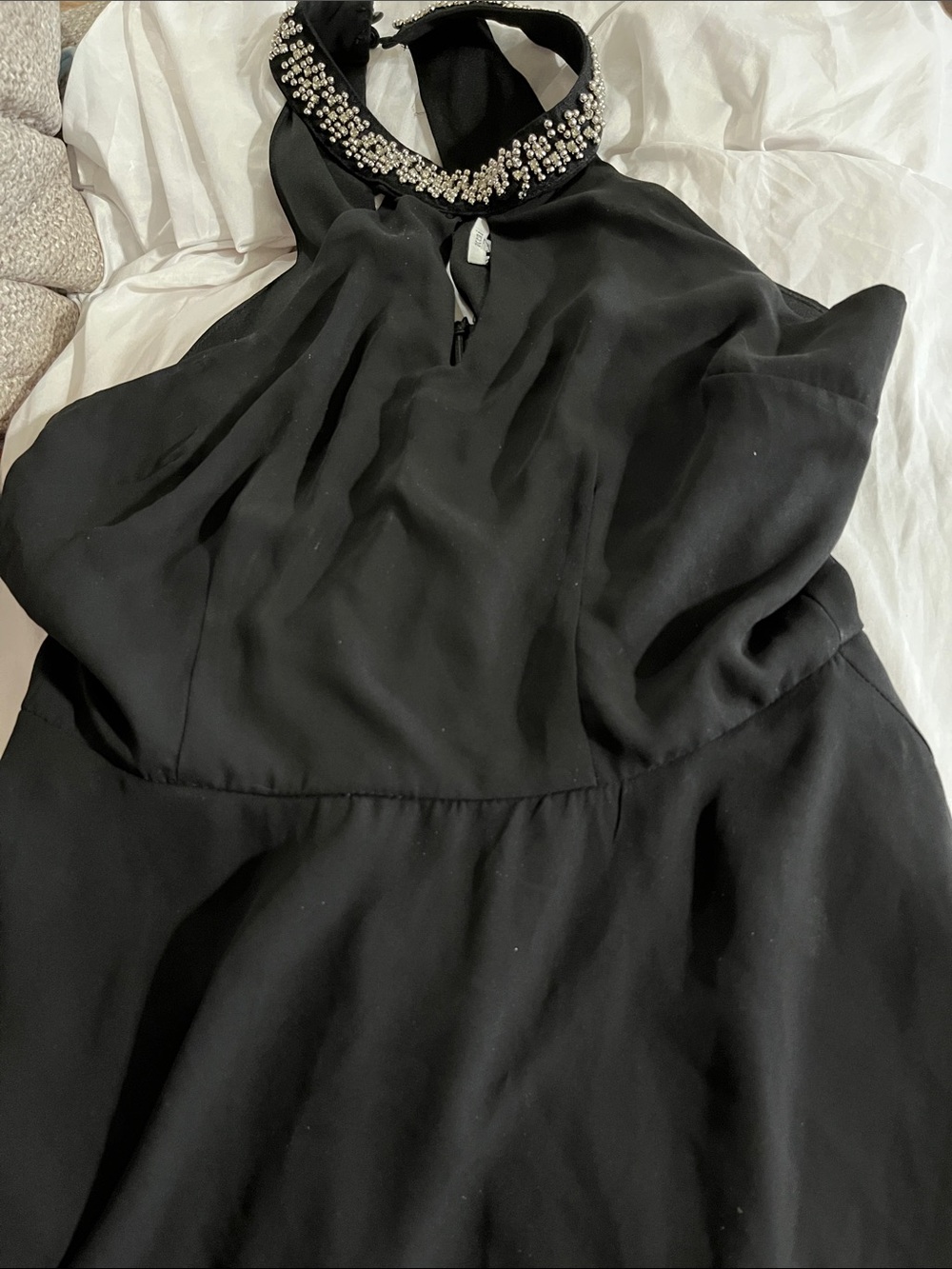 Acemi Black Midi Dress with Jeweled Halter Collar